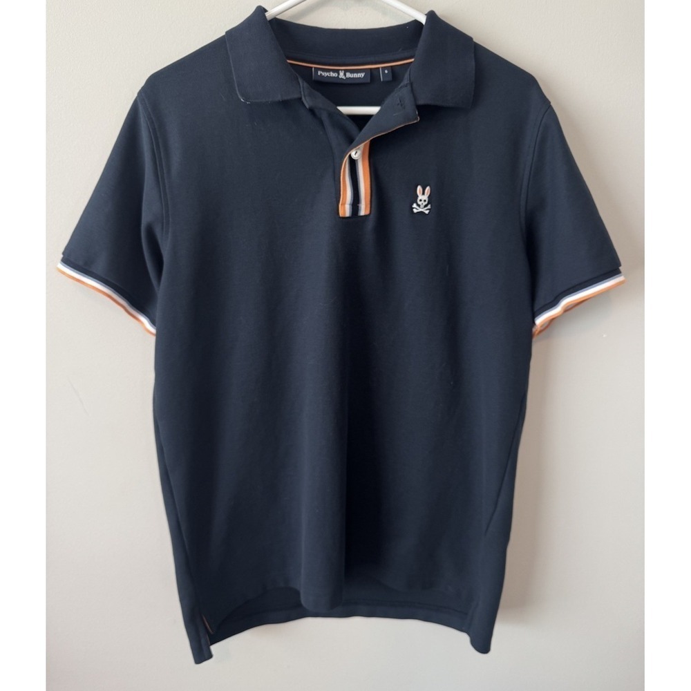 Psycho Bunny Polo Shirt Men Size 5‎ Pima Cotton Black orange hidden logos collar